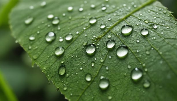 In the early morning light, a vibrant green leaf sparkles with glistening droplets that have settled after a gentle rainfall, creating a serene and refreshing atmosphere.