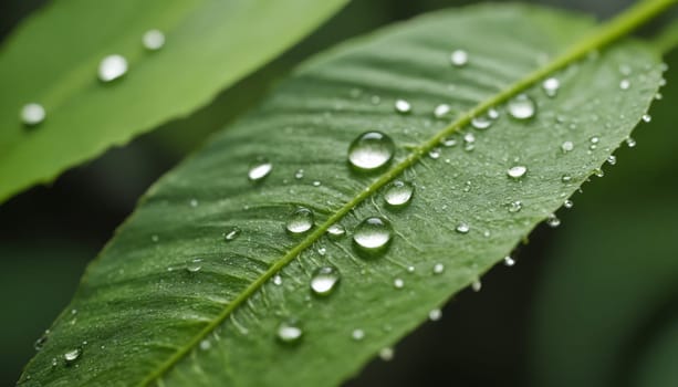 In the early morning light, a vibrant green leaf sparkles with glistening droplets that have settled after a gentle rainfall, creating a serene and refreshing atmosphere.