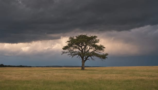 Beneath an imposing sky filled with dark storm clouds, a lone oak tree rises majestically, surrounded by vast golden fields, evoking a sense of solitude and strength.