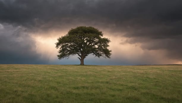 Beneath a swirling expanse of dark clouds, a lone oak tree rises from a vast, grassy field, embodying resilience as twilight approaches and nature showcases its grandeur.