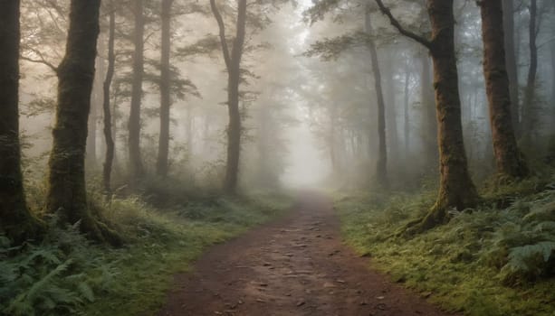 A tranquil pathway meanders through a dense forest, enveloped in soft mist. Towering trees stand majestically, casting a peaceful atmosphere in the early morning light.