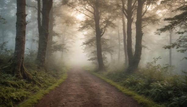 A solitary dirt path winds through an enchanting forest, where fog gently envelops the trees and soft light filters through the branches, creating an atmosphere of peace.