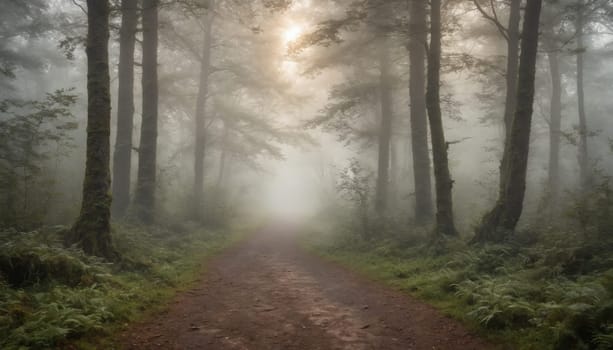 A serene trail winds through a misty forest, illuminated by the soft light of sunrise. Tall trees frame the path, creating a peaceful atmosphere perfect for reflection.