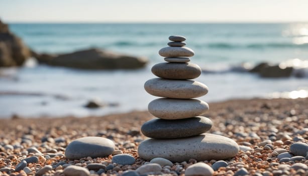 A delicate arrangement of smooth stones stands majestically on a sandy beach, harmonizing with the gentle waves and radiant sunset, embodying peace and balance.