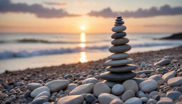 As the sun sets over the horizon, a serene coastline showcases a meticulously balanced tower of stones, symbolizing peace amidst gentle waves and soft colors.