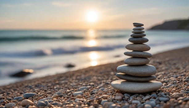 A carefully balanced stack of smooth pebbles rests on a sandy shore, with gentle waves lapping at the beach as the sun sets on the horizon, creating a peaceful atmosphere.