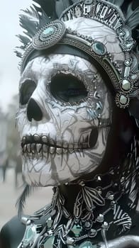 A detailed monochrome sculpture of a person wearing a skull mask, showcasing intricate jaw and bone structure artistry