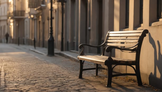 A solitary bench sits quietly on a cobblestone street, illuminated by the warm golden light of sunset, inviting moments of reflection amid the calm ambiance of the neighborhood.