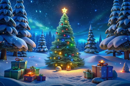 Under a starlit sky, a splendid Christmas tree adorned with colorful lights stands proudly. Wrapped gifts rest nearby, adding to the festive spirit in the tranquil snowy landscape.