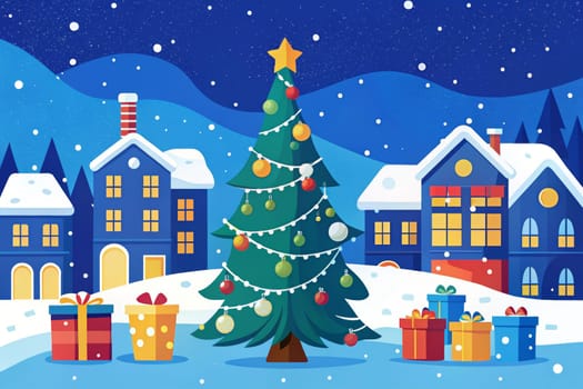 A cozy winter scene unfolds with a beautifully adorned Christmas tree sparkling under the starlit sky, surrounded by wrapped gifts and quaint homes blanketed in snow.