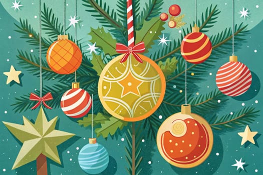 The festive atmosphere comes alive as cheerful ornaments hang from a vibrant Christmas tree, surrounded by twinkling snowflakes and playful stars.