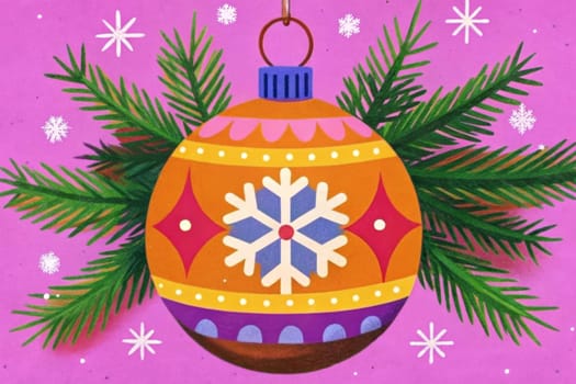 The colorful ornament, adorned with intricate patterns and a snowflake design, captivates against a pink background while surrounded by lush green pine.