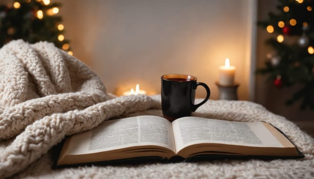 A soft, neatly folded blanket rests on a plush bed, accompanied by a flickering candle and a steaming cup, creating a serene and inviting atmosphere for a chilly night.