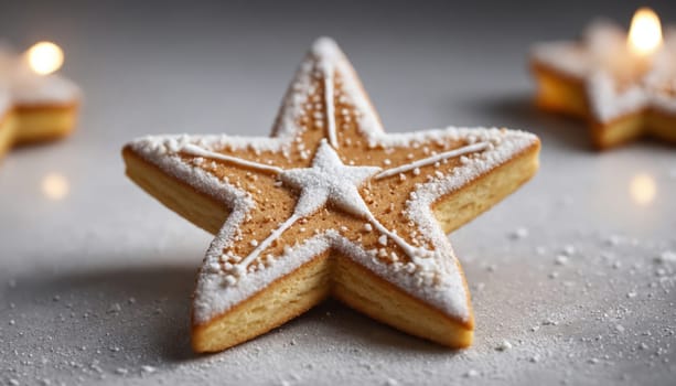 The star-shaped cookie sits elegantly on a soft surface, adorned with powdered sugar and intricate designs, exuding a warm festive charm perfect for holiday gatherings.