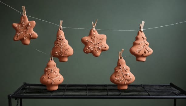 A collection of beautifully crafted terracotta ornaments, featuring nature-inspired motifs, rests on a wire rack, showcasing their artistic details and warm earth tones.