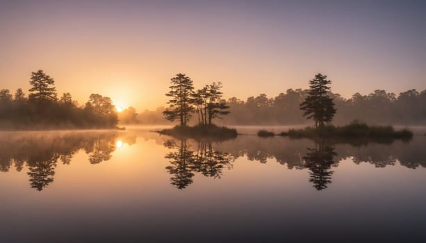 The sun rises gently above a calm lake, casting a warm glow that reflects on the glassy water. Mist lingers softly, enveloping the tree-lined shores in peaceful serenity.