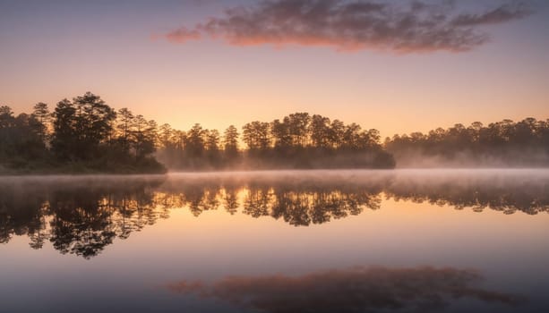 The sun rises gently above a calm lake, casting a warm glow that reflects on the glassy water. Mist lingers softly, enveloping the tree-lined shores in peaceful serenity.
