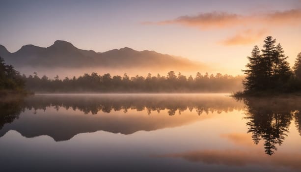 A tranquil lake mirrors the vibrant colors of sunrise as mist lazily drifts among towering trees, creating a serene and magical atmosphere at dawn.