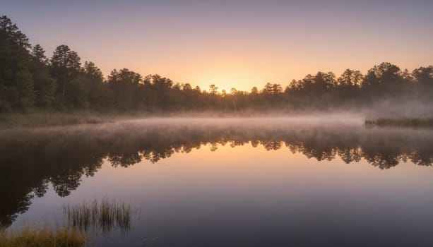 A tranquil lake mirrors the vibrant colors of sunrise as mist lazily drifts among towering trees, creating a serene and magical atmosphere at dawn.