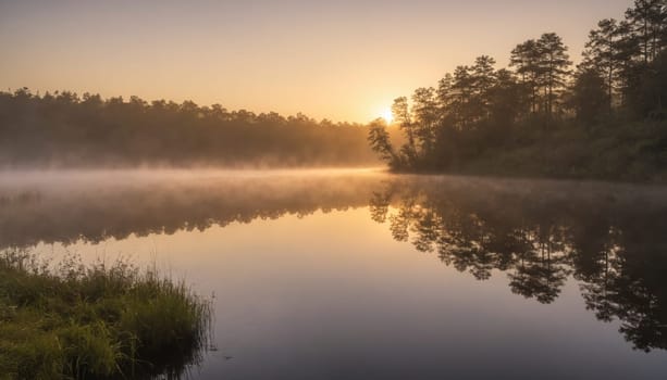 As the sun begins to rise, soft golden light filters through the mist over a calm lake, reflecting perfectly on the water’s surface amid lush greenery.