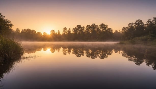 As the sun begins to rise, soft golden light filters through the mist over a calm lake, reflecting perfectly on the water’s surface amid lush greenery.