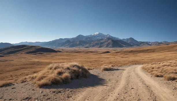 Breathtaking views of snow-capped peaks rise majestically in the background, while golden fields stretch across the landscape under a brilliant sky.