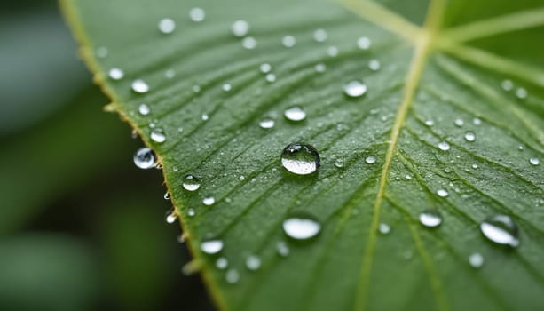 Fresh droplets of water rest on a lush green leaf, reflecting light in a serene atmosphere, showcasing the beauty of nature's details at dawn.