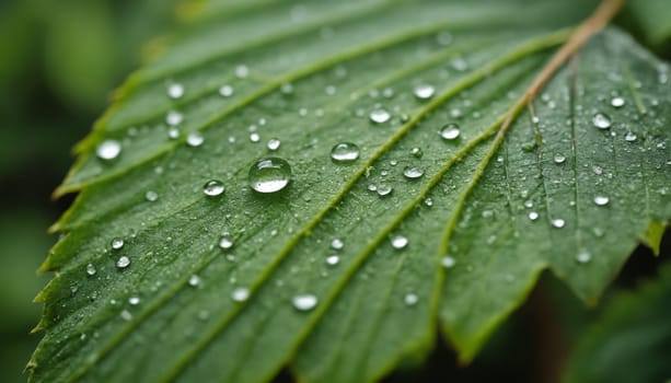 Fresh droplets of water rest on a lush green leaf, reflecting light in a serene atmosphere, showcasing the beauty of nature's details at dawn.