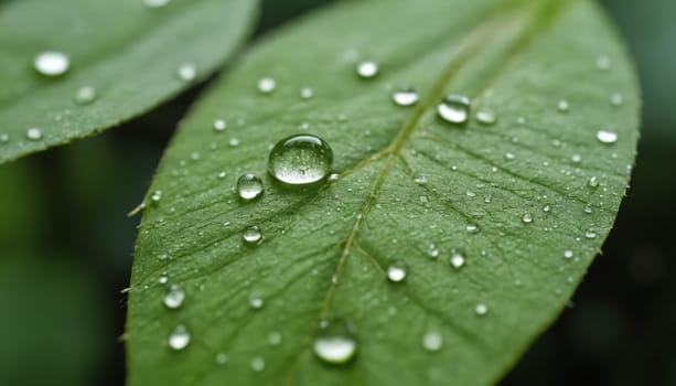 In the early morning light, a vibrant green leaf sparkles with glistening droplets that have settled after a gentle rainfall, creating a serene and refreshing atmosphere.