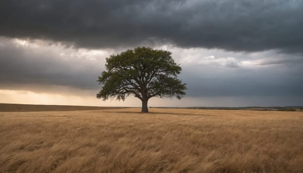 Beneath a swirling mass of dark clouds, a lone tree emerges boldly from an expansive field of golden grass, capturing the beauty of nature's contrast at dusk.