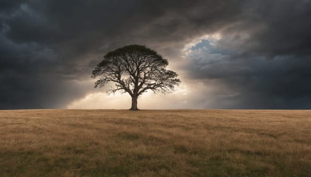 Beneath an imposing sky filled with dark storm clouds, a lone oak tree rises majestically, surrounded by vast golden fields, evoking a sense of solitude and strength.