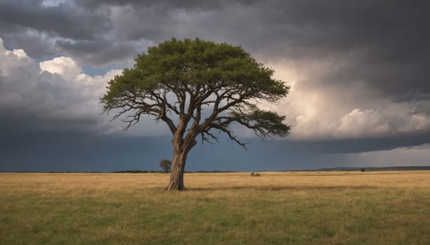 Beneath a swirling expanse of dark clouds, a lone oak tree rises from a vast, grassy field, embodying resilience as twilight approaches and nature showcases its grandeur.