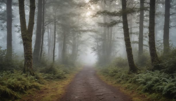A solitary dirt path winds through an enchanting forest, where fog gently envelops the trees and soft light filters through the branches, creating an atmosphere of peace.