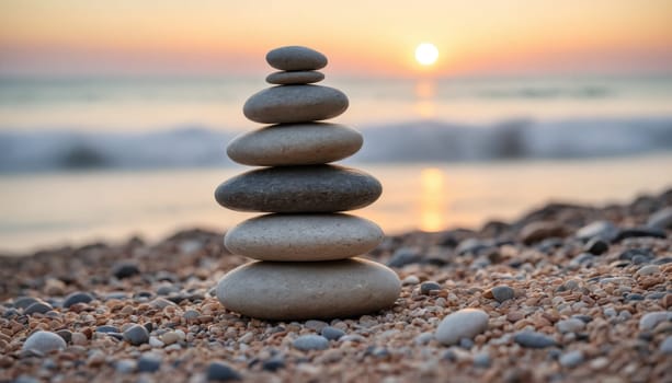 A delicate arrangement of smooth stones stands majestically on a sandy beach, harmonizing with the gentle waves and radiant sunset, embodying peace and balance.