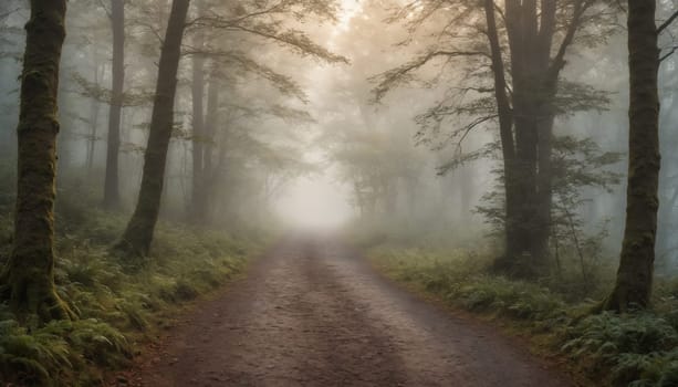 A serene trail winds through a misty forest, illuminated by the soft light of sunrise. Tall trees frame the path, creating a peaceful atmosphere perfect for reflection.