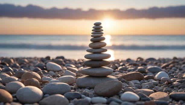 As the sun sets over the horizon, a serene coastline showcases a meticulously balanced tower of stones, symbolizing peace amidst gentle waves and soft colors.
