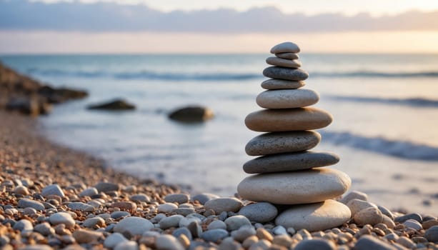 A carefully balanced stack of smooth pebbles rests on a sandy shore, with gentle waves lapping at the beach as the sun sets on the horizon, creating a peaceful atmosphere.
