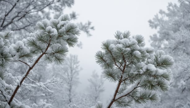 In the early light of dawn, snow-laden pine branches reach gracefully towards the cool winter sky, creating a serene and tranquil atmosphere in the forest.