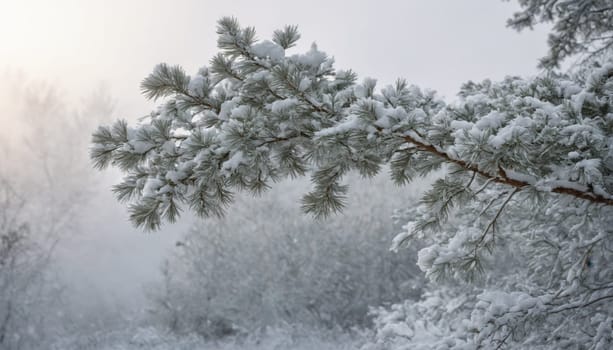 Delicate pine branches, adorned with glistening frost, reach out against a backdrop of muted white, embodying the serenity of a quiet winter morning.