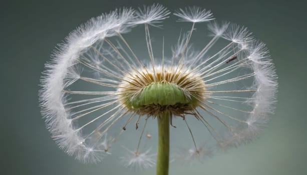 A cluster of dandelion seeds floats gracefully in the air, illuminated by warm sunlight, showcasing the beauty and delicacy of nature's design in a tranquil outdoor setting.
