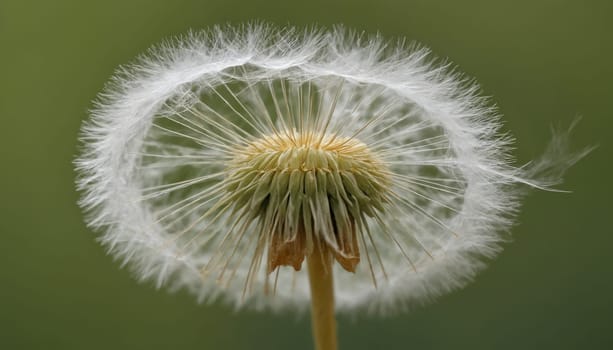 A dandelion seed head, artistically backlit, reveals intricate details of its gossamer seeds poised to disperse in the gentle breeze, embodying nature's artistry.
