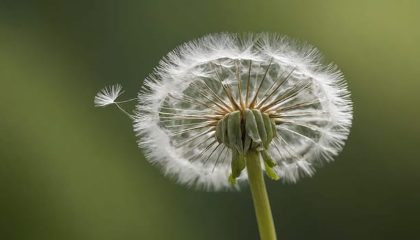 In the warmth of a sunlit afternoon, a puffy dandelion stands tall, its fragile white filaments shimmering softly as a light breeze stirs them, ready to disperse seeds to new places.