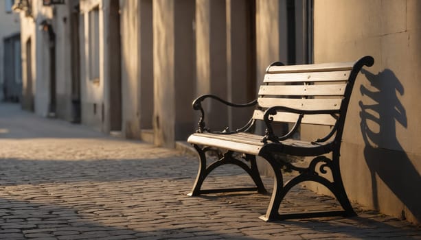 A solitary bench sits quietly on a cobblestone street, illuminated by the warm golden light of sunset, inviting moments of reflection amid the calm ambiance of the neighborhood.