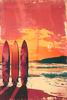 A stunning painting of three colorful surfboards resting on a sandy beach at sunset, with a beautiful sky filled with tints and shades reflecting on the water and horizon