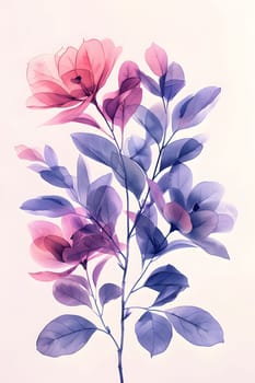 A beautiful pink and purple flower with purple leaves painted on a white background, showcasing the intricate details of a flowering plant in art form