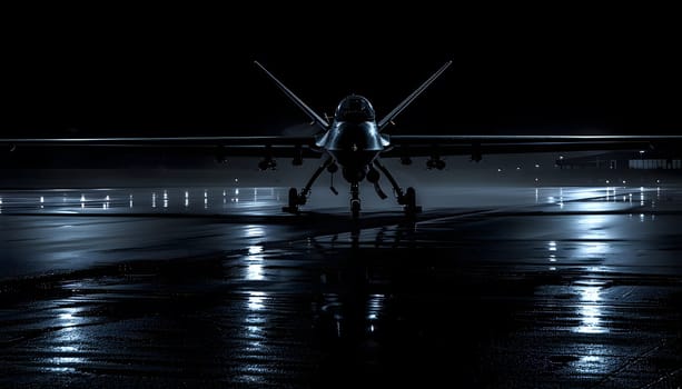 A fighter jet sits on a wet runway under the night sky. The warm glow of automotive lighting reflects off the water, as insects and arthropods circle in the darkness