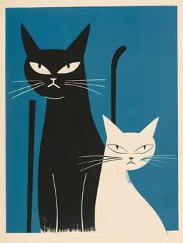 Stylized black and white cats set against a blue background in a minimalist design