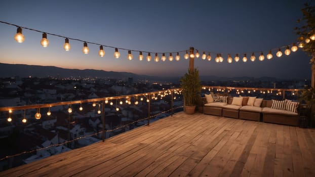 A tranquil rooftop setting with soft seating surrounded by glowing lanterns, creates an inviting atmosphere to enjoy the stunning sunset and city skyline in the fading light of the evening.