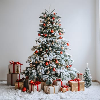 A festive Christmas tree decorated with ornaments and lights stands in a room with gifts underneath. Snow falls outside the window, creating a cozy holiday atmosphere