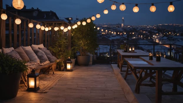 Twinkling string lights cast a warm glow over a peaceful rooftop garden, while the city skyline fades into the dusk. A serene moment as the sun sets behind distant hills.